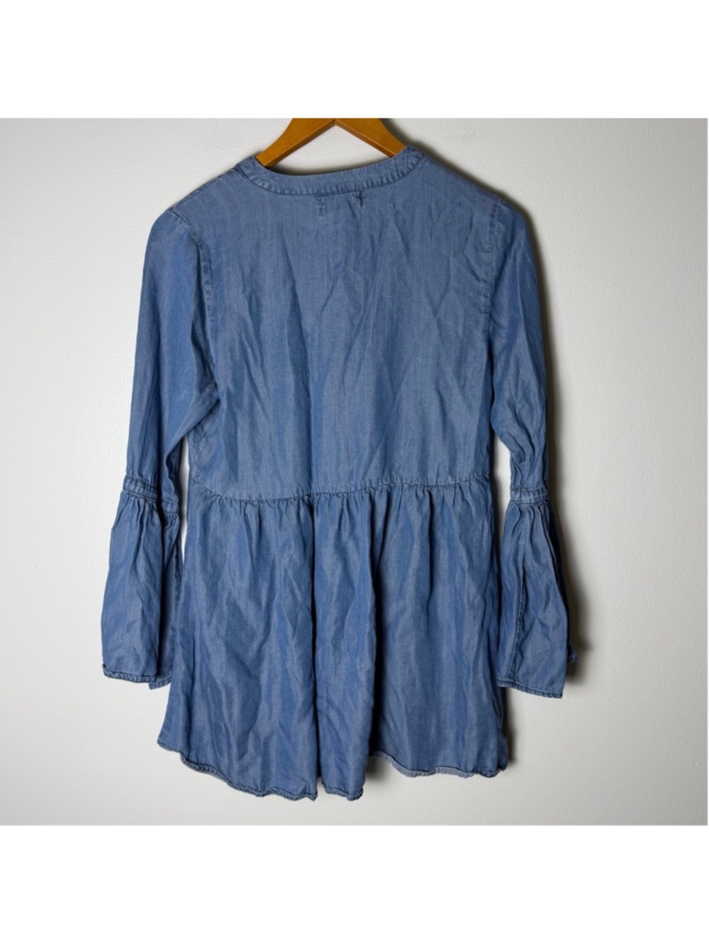 Denim Chambray Boho Peasant dress Bell Sleeve Cottagecore Size Small - Picture 3 of 7